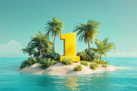 A yellow number 1 is on a small island in the ocean. The island is surrounded by palm trees and the water is calm. Concept of tranquility and serenityの素材