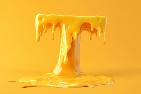 A large yellow letter T dripping with yellow paint. The dripping paint creates a sense of movement and fluidity, as if the letter is coming to lifeの素材