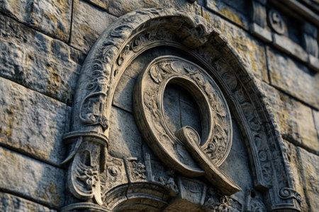 The Q is carved into a stone wall. The stone is grey and the Q is white. The Q is carved into the wall in a way that it looks like a personの素材