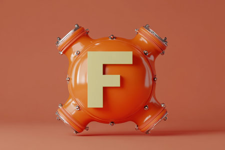 A large orange object with the letter F on it. The letter F is yellow and is surrounded by four other orange objectsの素材