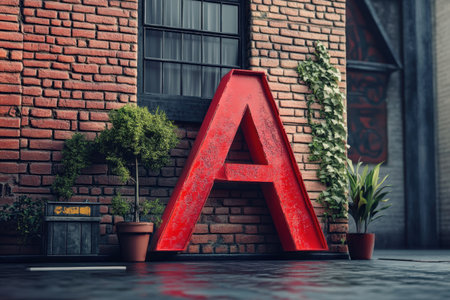 A red letter A is on a brick wall next to a potted plant. The image has a vintage feel to itの素材