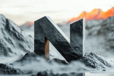 The letter N is carved into a mountain of snow. The image has a moody and mysterious feel, as the letter N is not a typical shape to find in natureの素材