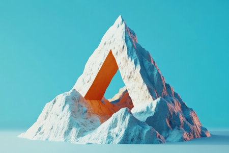 A mountain with a triangular shape and a hole in the middle. The mountain is made of ice and snowの素材
