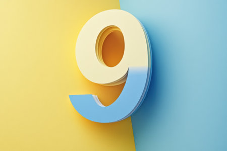 The number nine is written in a bold, colorful font on a yellow and blue background. The font is made up of blocks, giving it a playful and fun appearance. The bright colors of the fontの素材