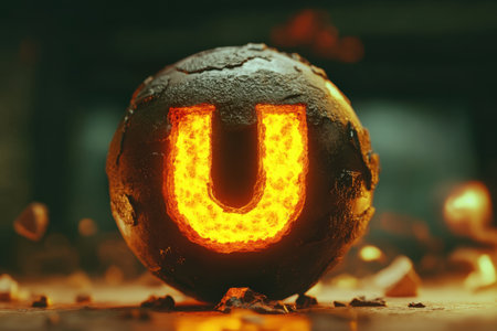 A large, glowing U is surrounded by rubble. Concept of destruction and chaos, as if the letter has been shattered and scattered across the groundの素材