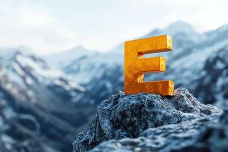 The letter E is on a rock in the mountains. The letter is made of gold and is on top of a mountain. The mountains in the background create a sense of grandeur and majestyの素材
