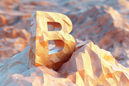 A large B is carved into a mountain of sandstone. The letter is carved into the rock with a lot of detail, giving it a sense of depth and texture. The mountain itself is a rocky, uneven surfaceの素材
