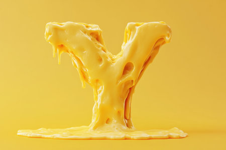 The image is a close up of a letter Y made out of melted cheese. The cheese is dripping down the side of the letter, creating a messy and gooey appearance. The concept of the image is playfulの素材