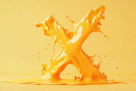 A large splash of yellow paint that has created the letter X. The splatter of paint is spread out across the yellow background, creating a sense of movement and energy. Scene is playful and whimsicalの素材