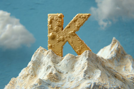 A mountain with a letter K on top. The letter is gold and has a rough texture. The image has a sense of adventure and exploration, as if someone is climbing the mountain to reach the letter Kの素材