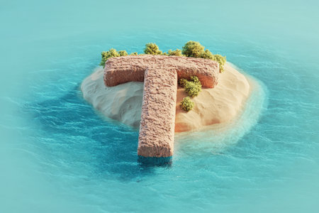 A small island with a T on it. The island is surrounded by water and has a small bridgeの素材