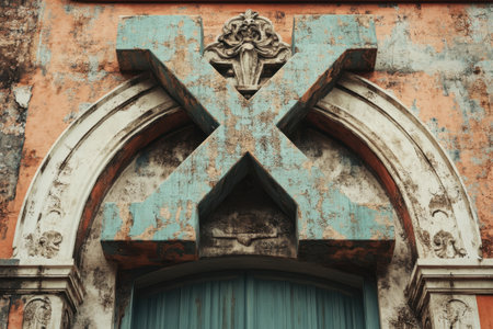 The X is a large, old, and weathered stone carving. The stone is green and white, and the X is carved into the stone in a way that makes it look like a personの素材