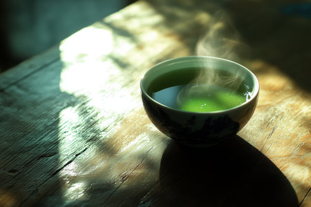 A bowl of green tea sits on a wooden table. The steam rising from the tea creates a cozy atmosphereの素材