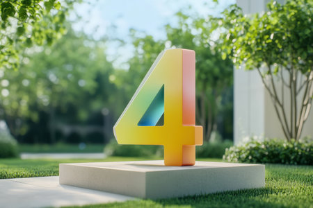 A colorful 4 is displayed on a pedestal in a lush green yard. The bright colors and the natural setting create a sense of joy and playfulnessの素材