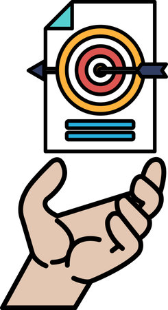 A hand holding a piece of paper with a target on it. The target is surrounded by arrows and the paper is held up in a way that it looks like it is being shot atのイラスト素材