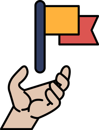 A hand holding a flag with a red and yellow stripe. The flag is pointing to the skyのイラスト素材