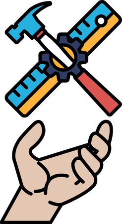 A hand is holding a hammer and a ruler, with the hammer on the left side of the hand and the ruler on the right side. Concept of craftsmanship and precision, as the tools are essential for measuringのイラスト素材