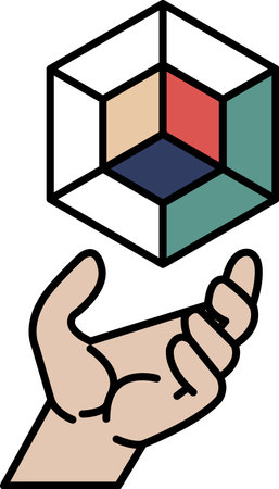 A hand holding a cube. The cube is made up of different colored squares. The hand is holding the cube in a way that it looks like it is about to be lifted. Concept of playfulness and creativityのイラスト素材