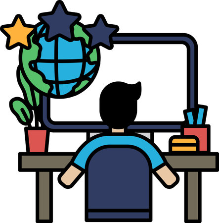 A man is sitting at a desk with a computer monitor in front of him. The monitor is displaying a world map and a star. The man is focused on his workのイラスト素材