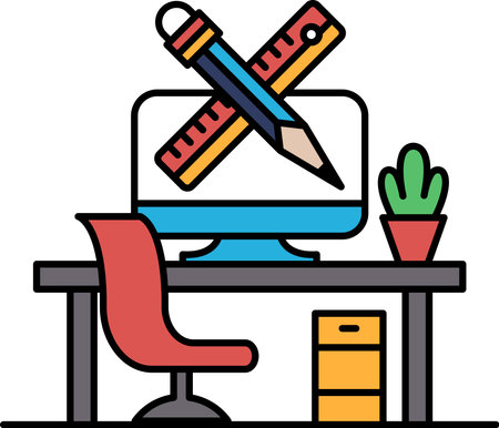 A computer monitor with a pencil and ruler on it. The image is of a desk with a chair and a potted plant. The desk is cluttered with a keyboard, mouse, and a few booksのイラスト素材