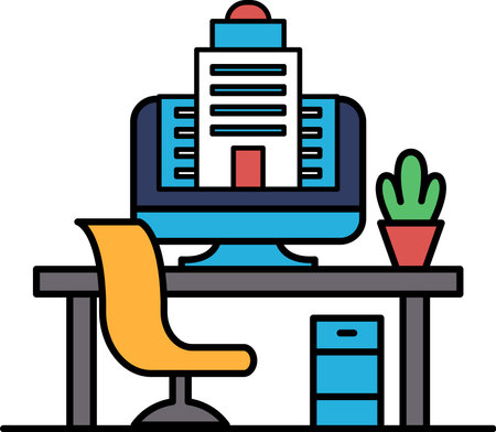 A computer monitor sits on a desk with a chair and a potted plant. Concept of productivity and focus, as the computer is the primary focus of the sceneのイラスト素材