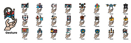 A hand holding a magnifying glass with a variety of icons on it. The icons include a camera, a laptop, a book, a building, a person, a car, a plane, a boat, a box, a shieldのイラスト素材