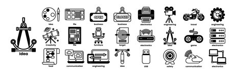 A collection of icons for various technology and business concepts. The icons include a computer, a camera, a motorcycle, a chair, a keyboard, a mouse, a printer, a cell phone, a laptop, a mouse in line drawing styleのイラスト素材
