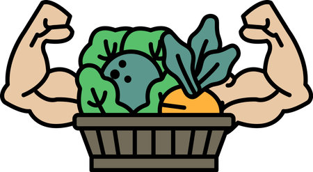 A cartoon of a man with his arms raised and a basket of vegetables in front of him. The vegetables include carrots, broccoli, and a bowling ball. Concept of strength and healthy eatingのイラスト素材