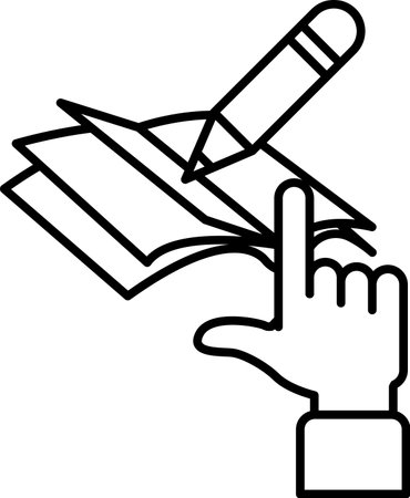 A hand is pointing to a book with a pencil on it. Concept of writing or drawing in a bookのイラスト素材