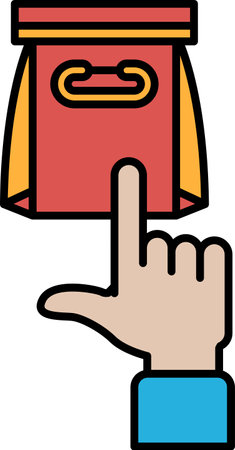A hand pointing to a red bag with a white handle. The bag is being used to order foodのイラスト素材