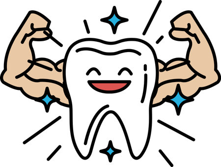 A cartoon tooth with a smile on it is surrounded by a muscular arm. The tooth is surrounded by a blue circle with a star in the center. Concept of strength and positivityのイラスト素材