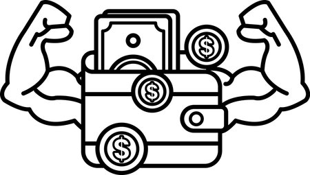 A man with his arms raised is holding a wallet with a lot of money in it. The wallet is filled with coins and bills, and the man's muscles are visible. Concept of strength and wealthのイラスト素材