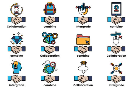 A hand holding another hand, with a variety of icons surrounding them. The icons include a diamond, a backpack, a book, a clock, a computer mouse, a keyboard, a laptop, a tablet, a cell phoneのイラスト素材