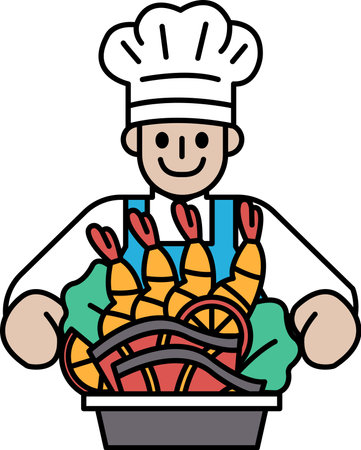 A chef is smiling and holding a tray of food, including shrimp and vegetables. Concept of warmth and hospitality, as the chef is ready to serve his guestsのイラスト素材