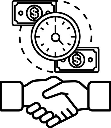A hand shaking a hand with a clock in the background. The clock is showing the time as 3:00のイラスト素材