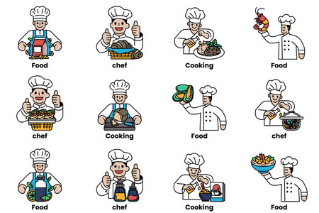 A series of cartoon chefs are holding food and giving thumbs up. The chefs are wearing white aprons and are smiling. The images are of various types of food, including a bowl of soup, a plate of foodのイラスト素材