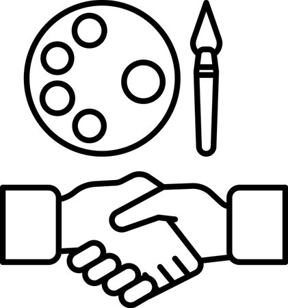 A handshake between two people with a paintbrush and a palette in the background. Concept of collaboration and creativityのイラスト素材