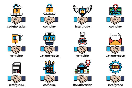 A hand holding a key, symbolizing collaboration and teamwork. The hand is surrounded by various icons, including a star, a lock, a phone, a book, and a houseのイラスト素材