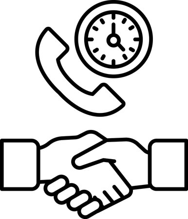 A phone is shown with a clock above it. The phone is in the middle of a handshakeのイラスト素材