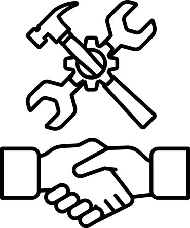 A black and white image of a handshake between two people with a wrench and a hammer in the background. Concept of collaboration and teamworkのイラスト素材