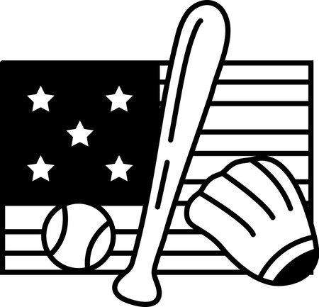 A baseball bat, baseball and baseball glove are placed on top of an American flag. The flag is a symbol of patriotism and pride for the United Statesのイラスト素材