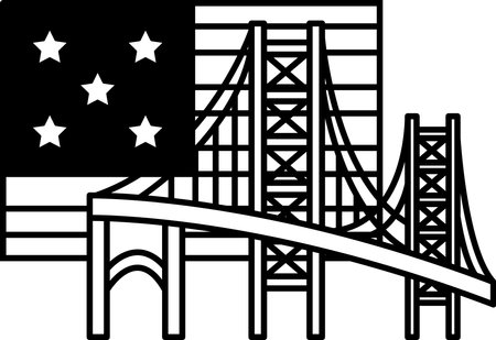 A black and white drawing of a bridge with a star and stripes flag in the background. The flag is on the left side of the bridge and the stars are scattered around itのイラスト素材