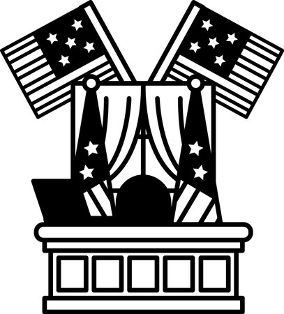 A black and white drawing of a desk with a laptop and a flag in the background. The flag is American and has starsのイラスト素材