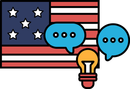 A cartoon of a light bulb with a speech bubble saying "I have an idea" next to an American flagのイラスト素材