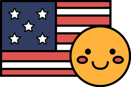 A cartoon of a smiling face with a red, white, and blue American flag behind it. The flag has stars and stripesのイラスト素材