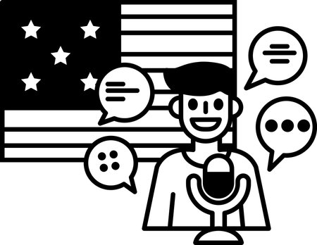 A man is talking into a microphone in front of an American flag. The man is smiling and the flag is black and whiteのイラスト素材
