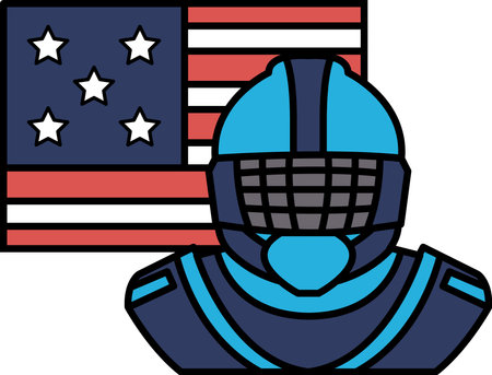 A cartoon of a man in a helmet with the American flag behind him. The man is wearing a blue helmet and the flag is red, white and blueのイラスト素材