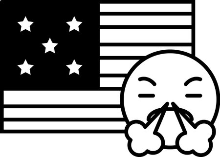 A cartoon of a man blowing his nose with a flag in the background. The cartoon is meant to be humorous and lightheartedのイラスト素材