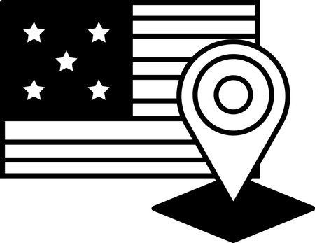 A black and white image of the American flag with a red dot on it. The red dot is a map markerのイラスト素材