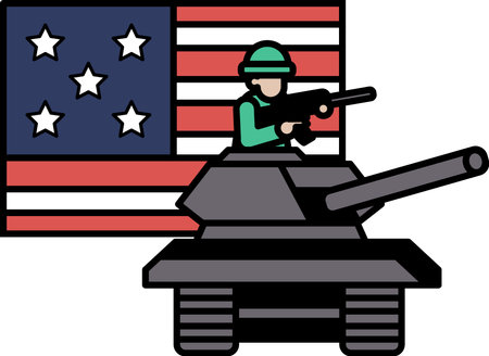 A soldier is riding a tank in front of an American flag. The tank is a cartoonish representation of a real tank, and the soldier is holding a gun. Concept of war and conflict, with the tankのイラスト素材
